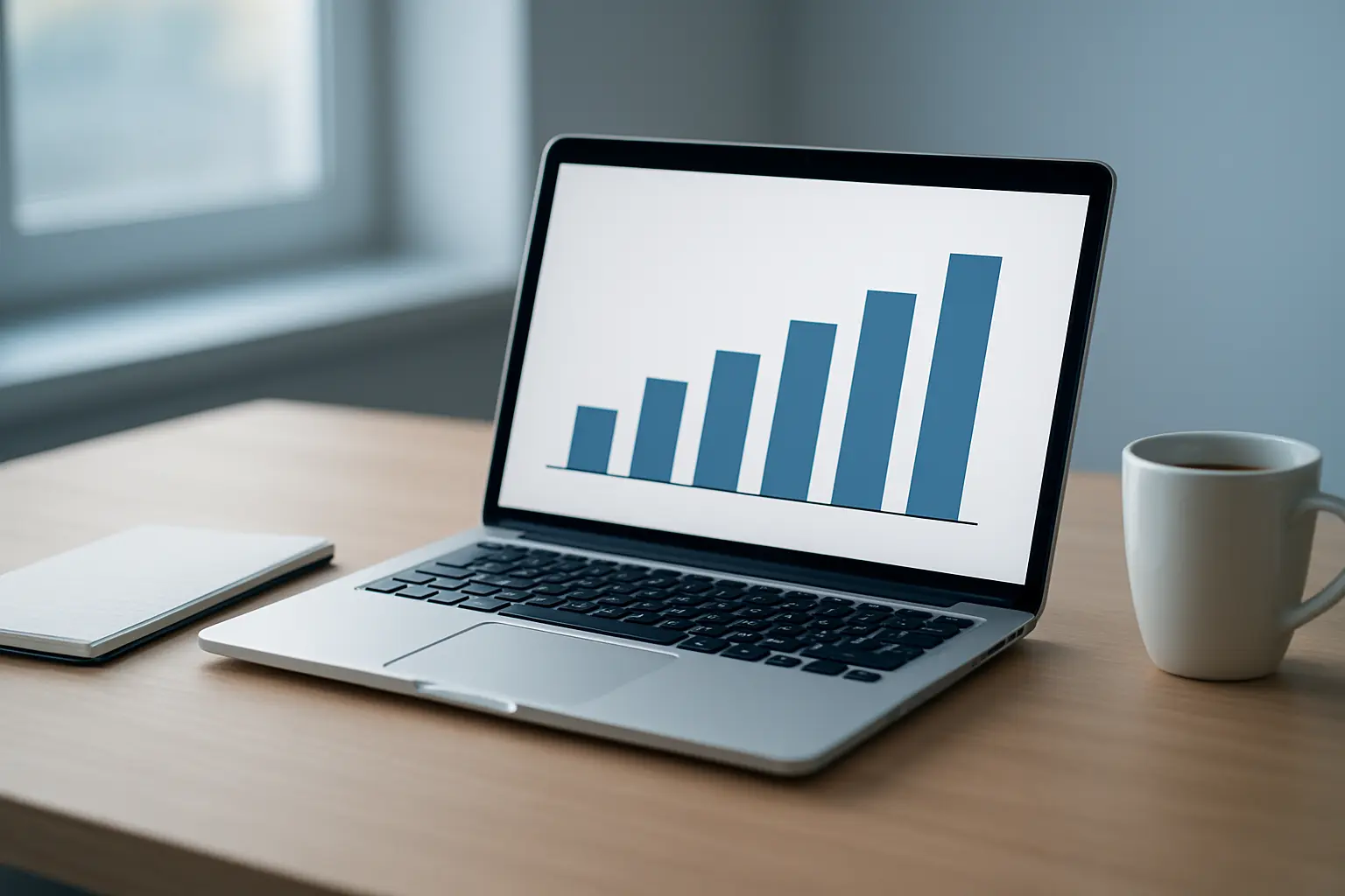 Laptop di atas meja menampilkan grafik batang menaik tanpa label