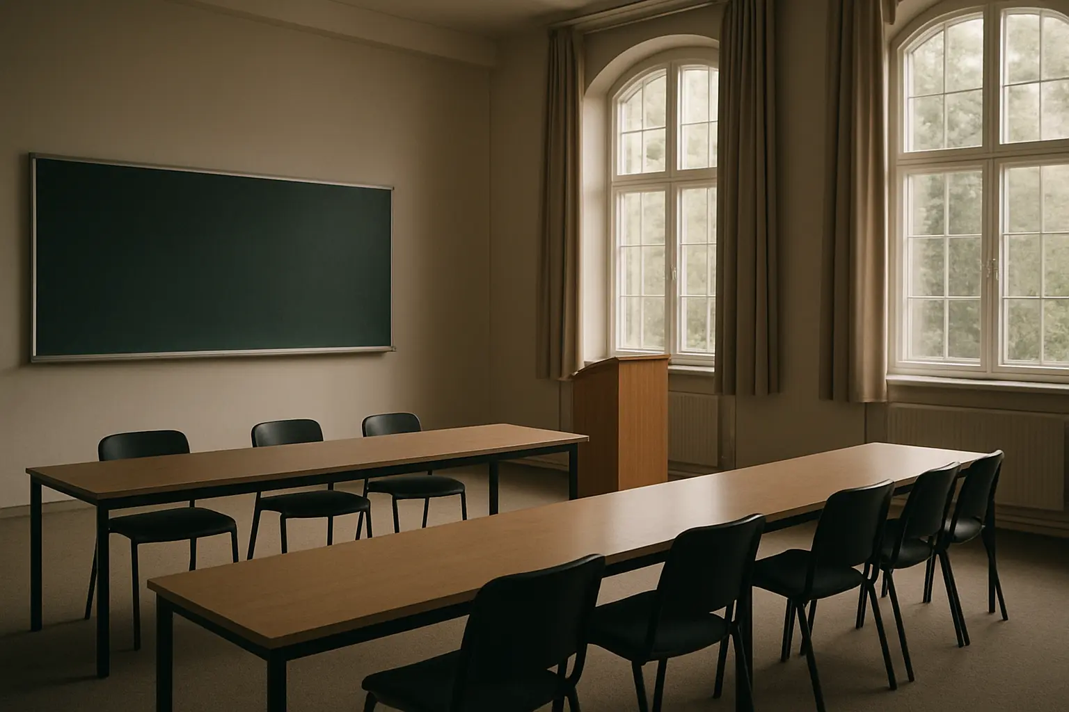 Ruang sidang akademik dengan meja penguji dan podium mahasiswa