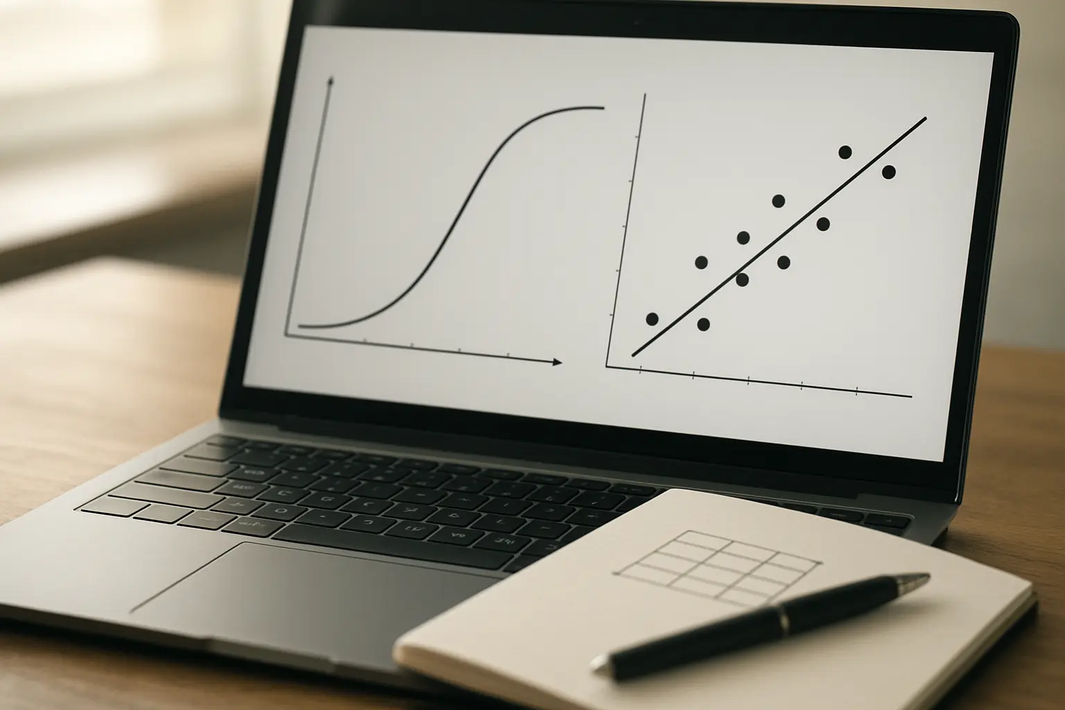 Grafik kurva kuasa uji dan diagram sebar korelasi di layar laptop mahasiswa psikologi
