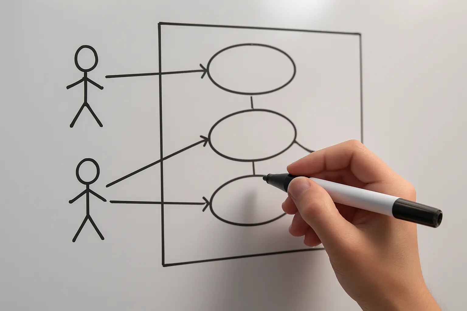 Diagram use case UML digambar di papan tulis sebagai bagian perancangan sistem skripsi