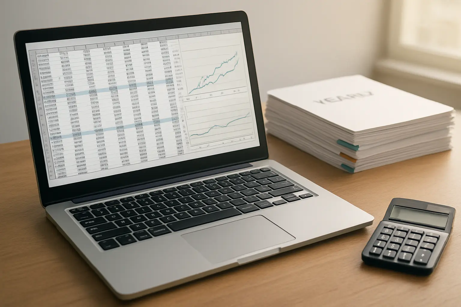 Lembar kerja data panel perusahaan-tahun untuk skripsi akuntansi di layar laptop dengan laporan tahunan emiten di sampingnya