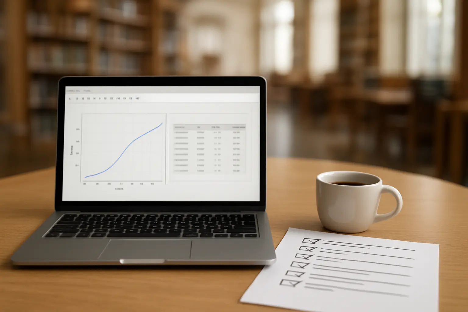 Notebook Python dengan grafik akurasi model klasifikasi dan tabel dataset di layar laptop mahasiswa informatika