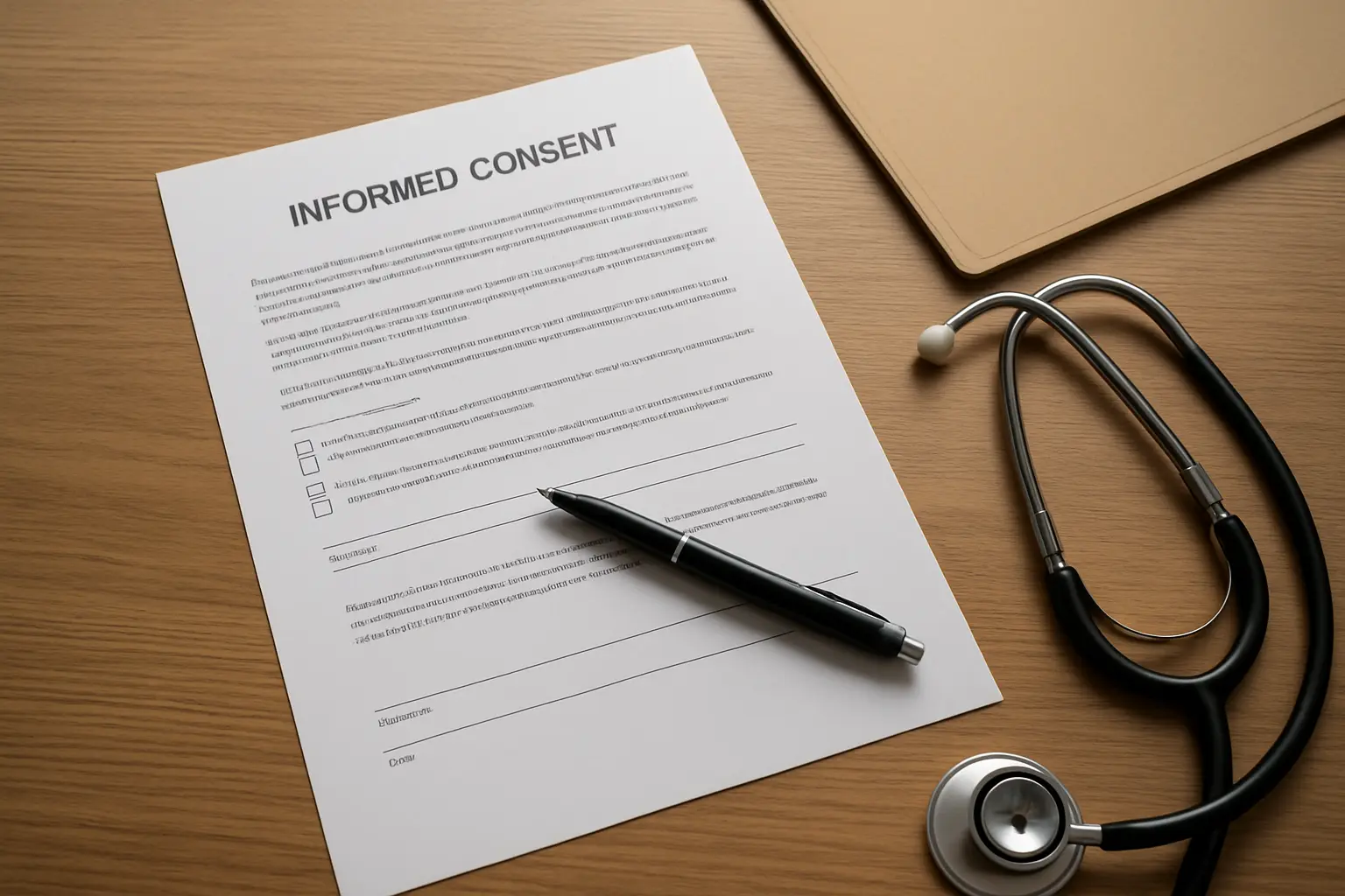 Formulir informed consent dan lembar penjelasan subjek penelitian di atas meja konsultasi klinis