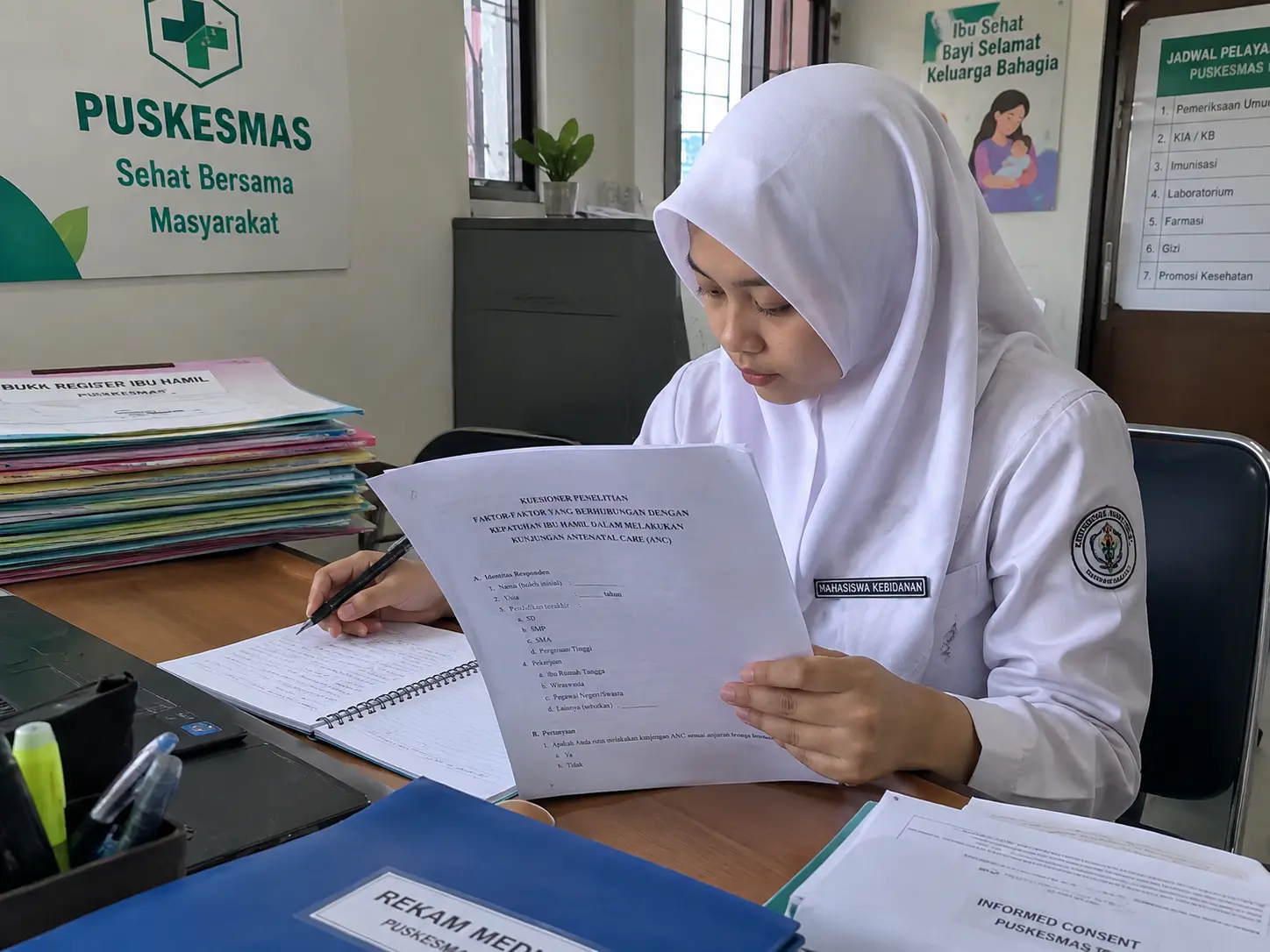 Bidan melakukan pemeriksaan antenatal pada ibu hamil di ruang pelayanan Puskesmas