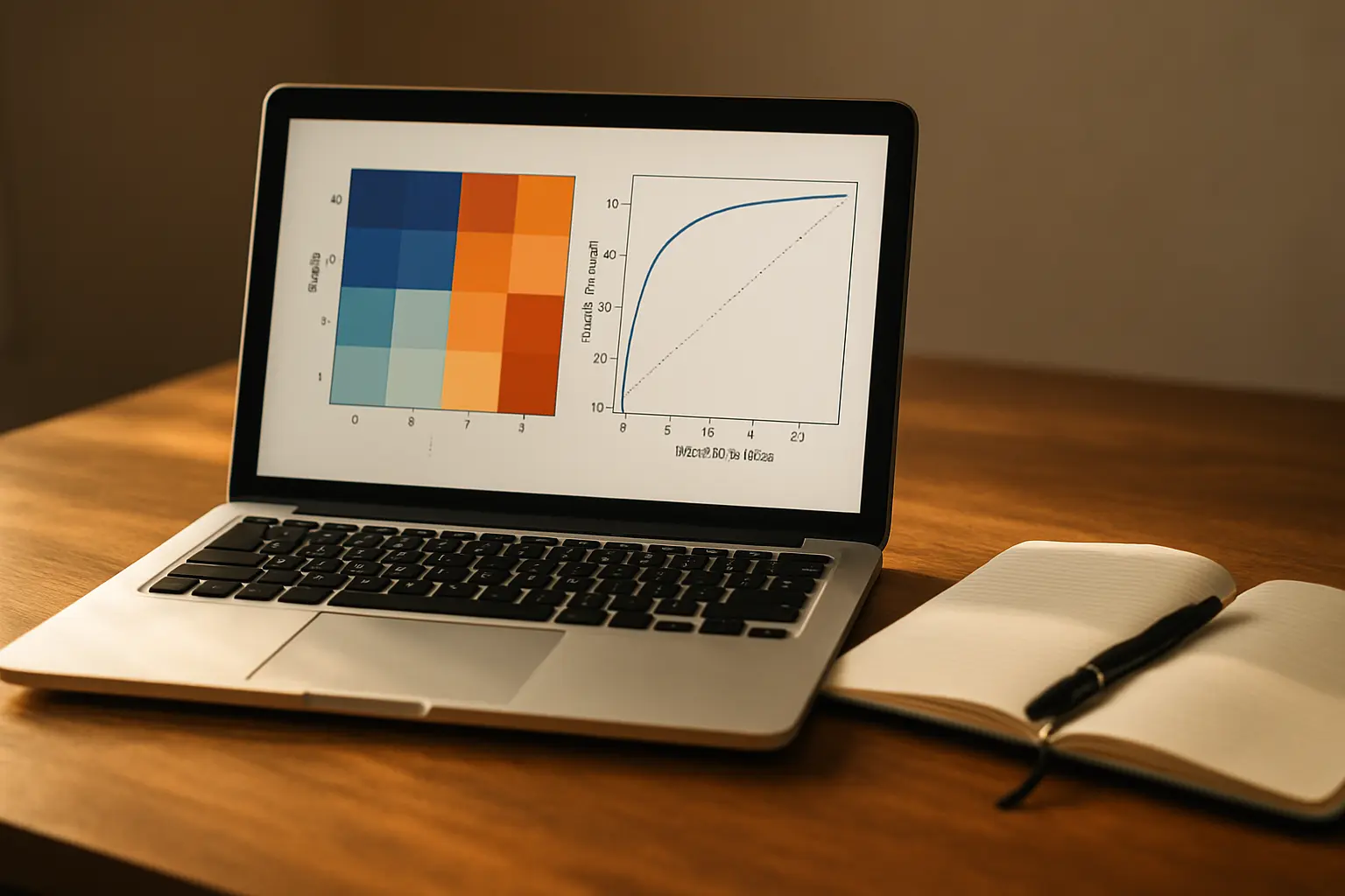 Layar laptop menampilkan tabel confusion matrix dan grafik ROC-AUC hasil evaluasi model machine learning
