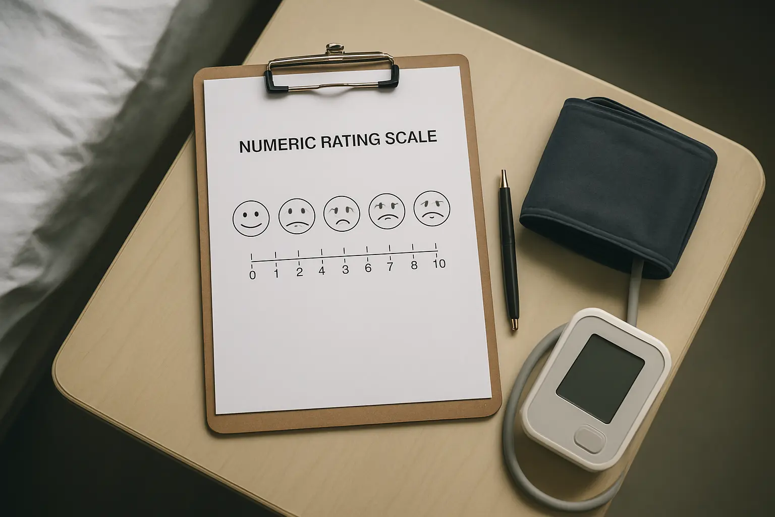 Lembar skala nyeri Numeric Rating Scale dan alat ukur tekanan darah di meja penelitian keperawatan