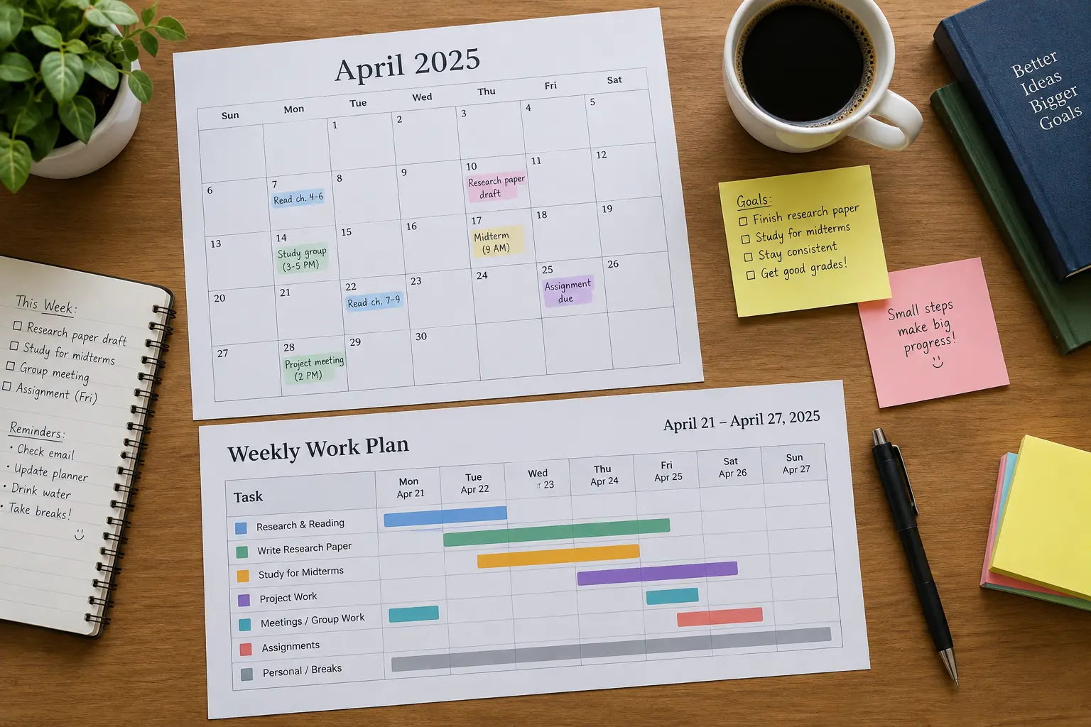 Jadwal mingguan penyusunan proposal skripsi di atas meja kerja