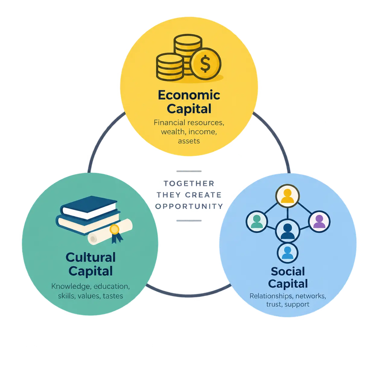 Diagram tiga bentuk modal Bourdieu: ekonomi, budaya, dan sosial yang saling terhubung