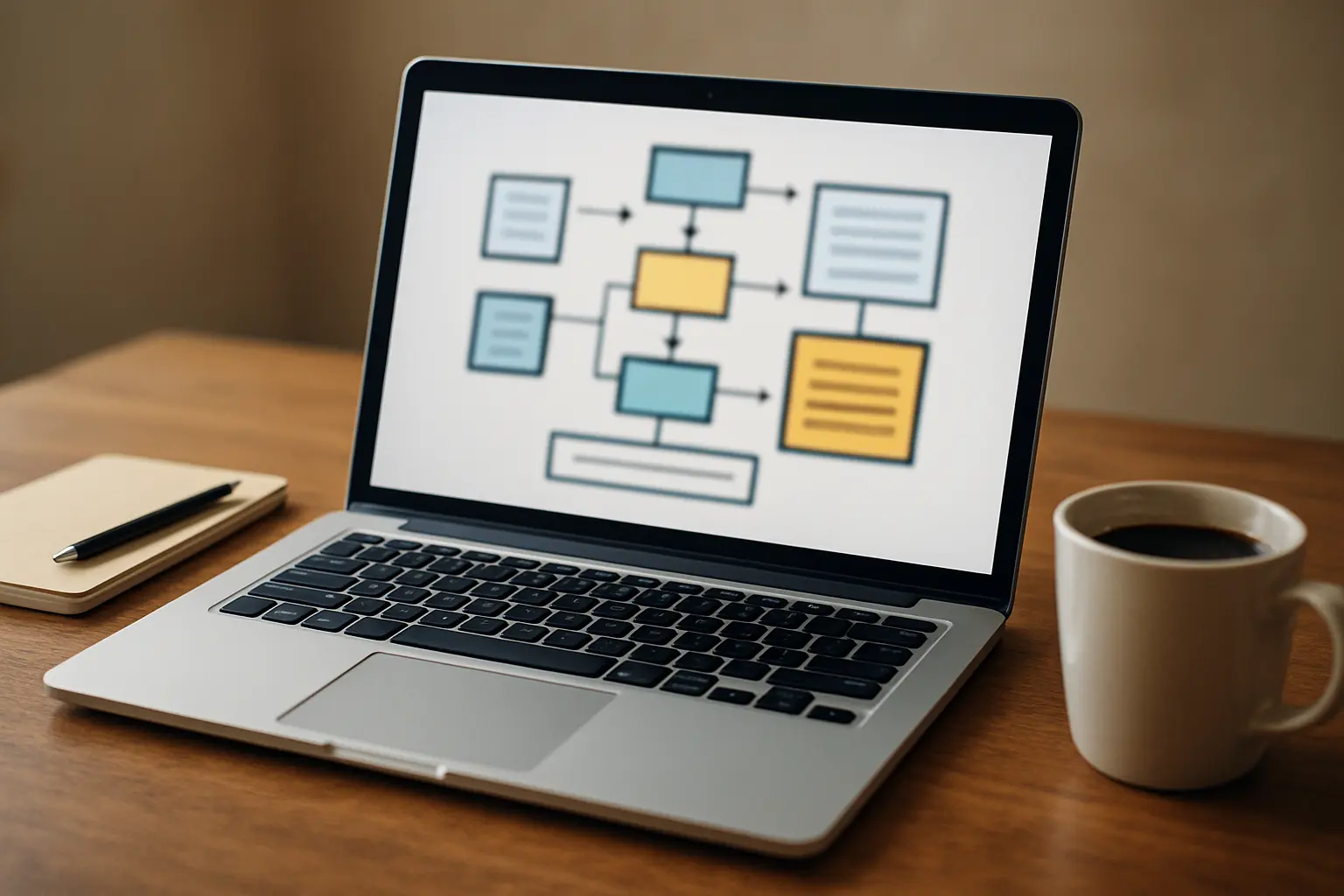 Layar laptop menampilkan diagram alur abstrak dokumen bertransformasi menjadi laporan terstruktur
