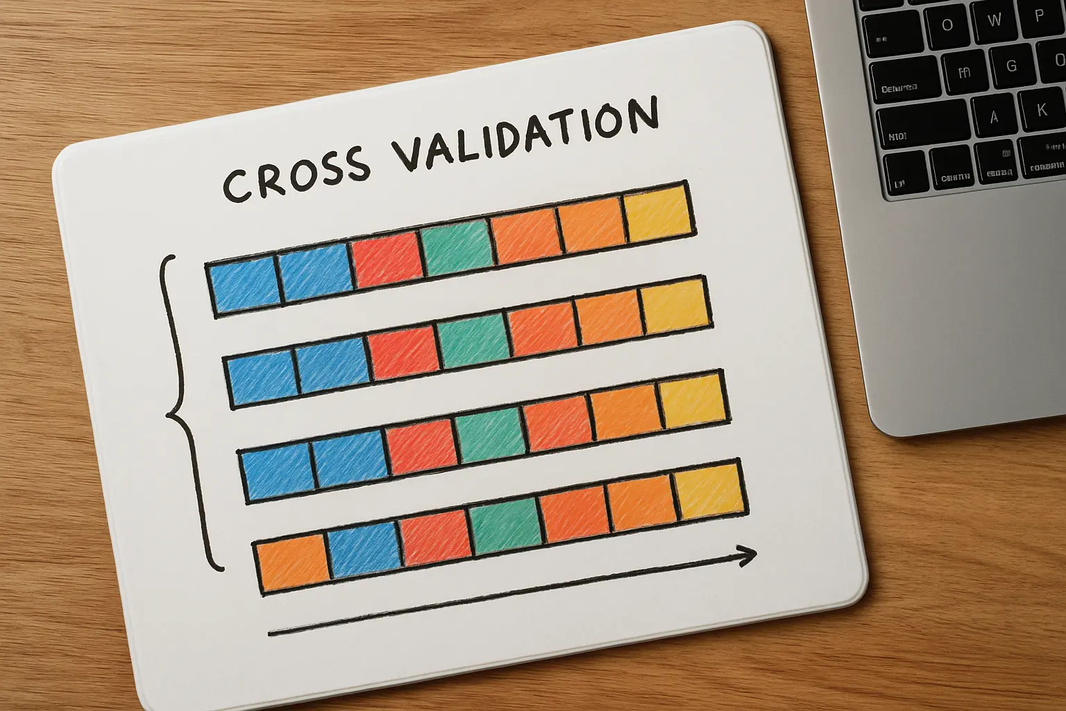 Diagram sederhana pembagian data k-fold cross-validation di layar komputer dengan kotak-kotak berwarna