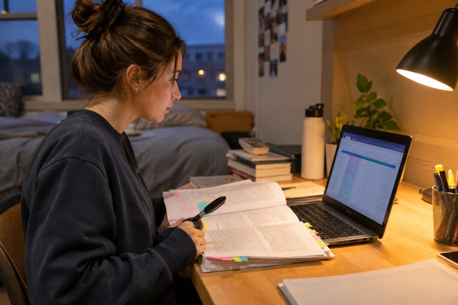 Mahasiswa di meja asrama dengan laptop dan artikel jurnal cetak bertanda sticky note
