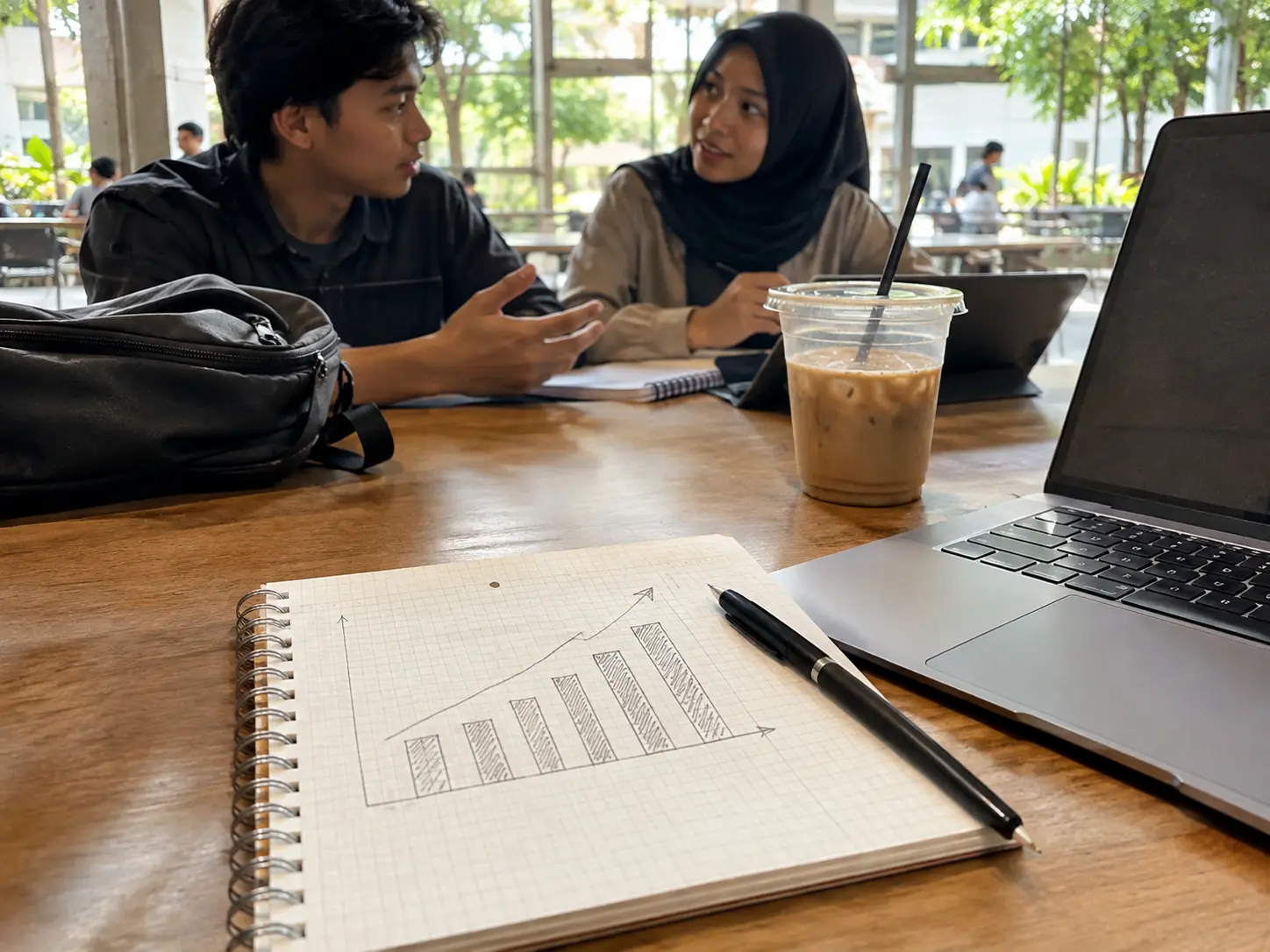 Buku catatan dengan diagram batang tangan di meja kafe kampus tempat dua mahasiswa berdiskusi