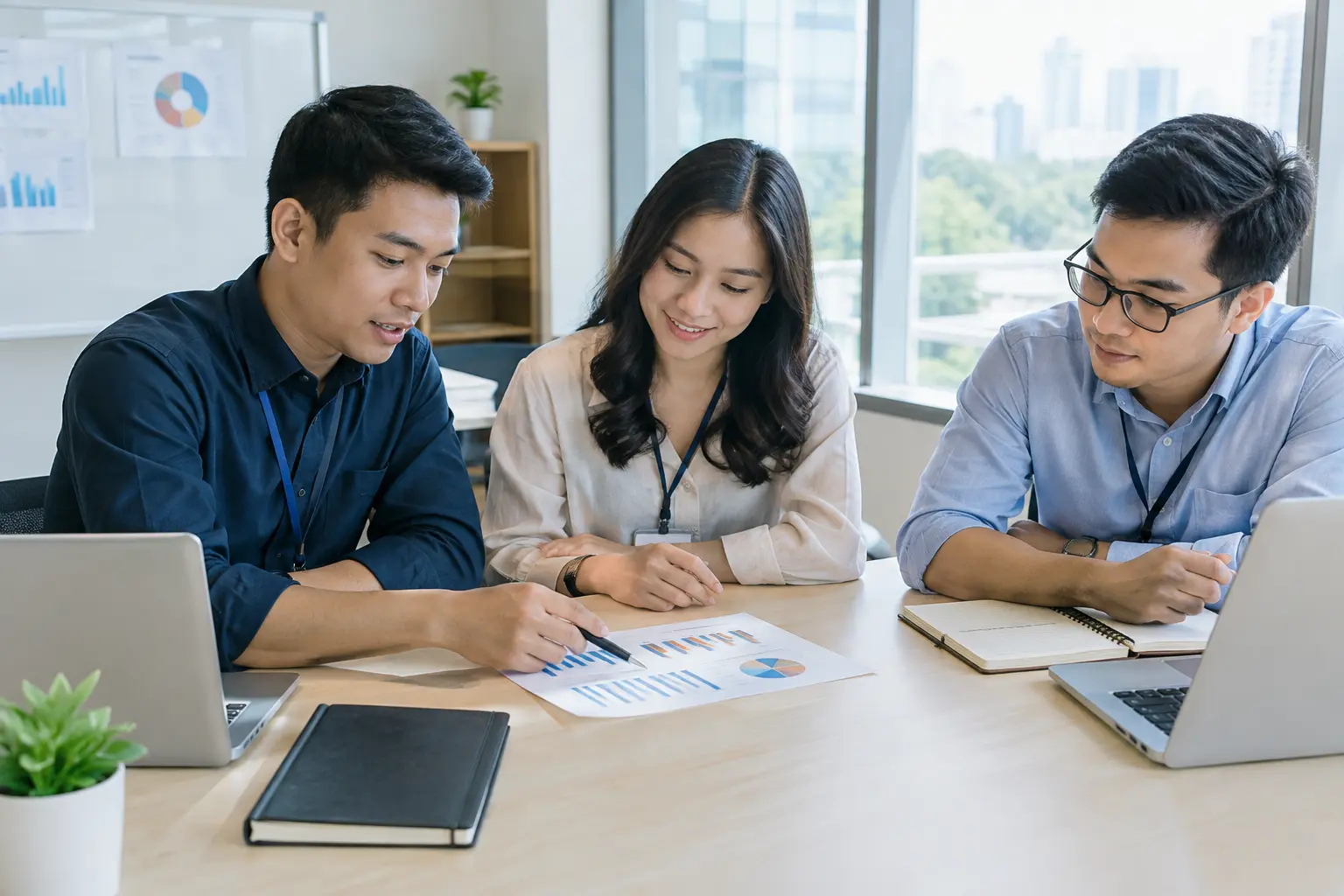 Atasan dan dua karyawan membahas grafik kinerja di meja kantor
