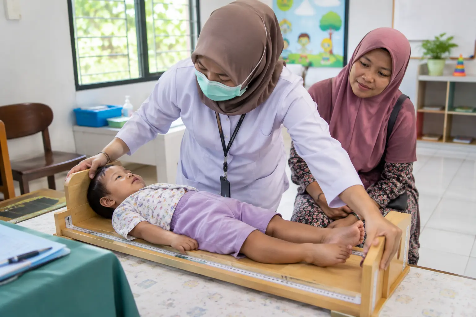 Petugas kesehatan mengukur panjang badan balita dengan alat ukur di pos pelayanan kesehatan