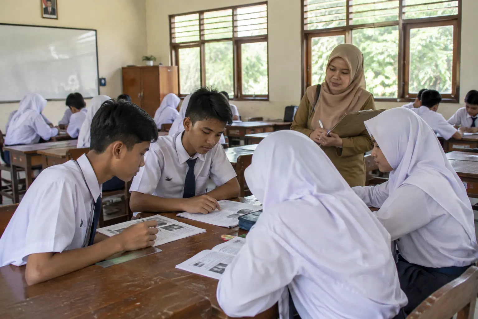 Guru mengamati siswa SMP belajar kelompok dengan lembar kerja di ruang kelas