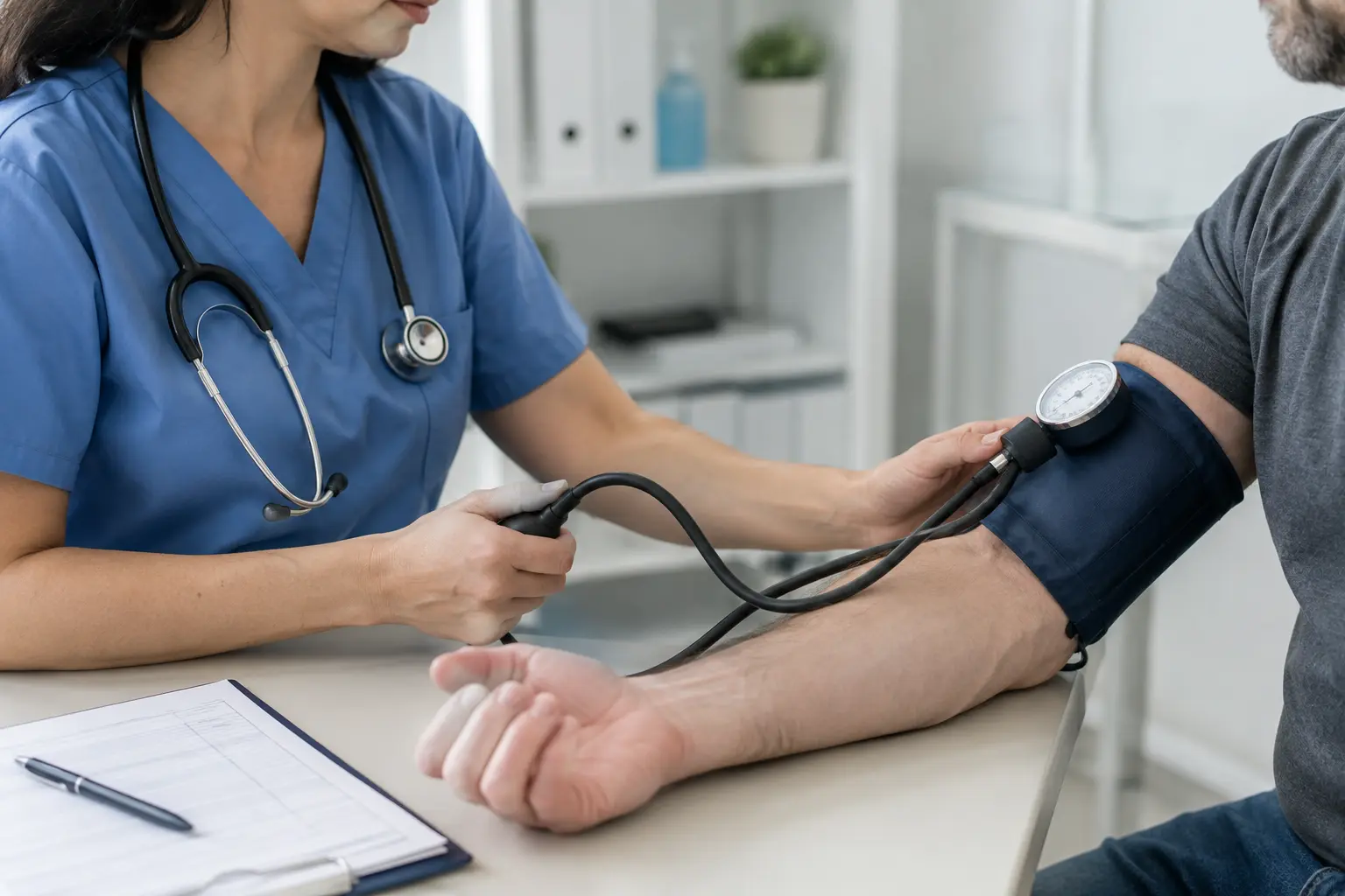 Perawat mengukur tekanan darah responden dewasa dengan tensimeter di klinik