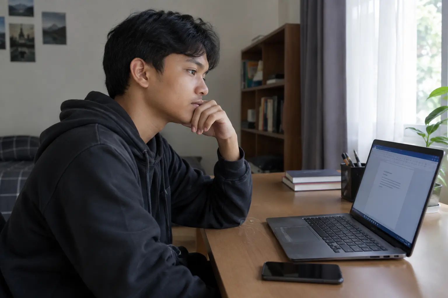 Mahasiswa duduk di meja dengan laptop berisi dokumen belum selesai dan ponsel terbalik di sampingnya