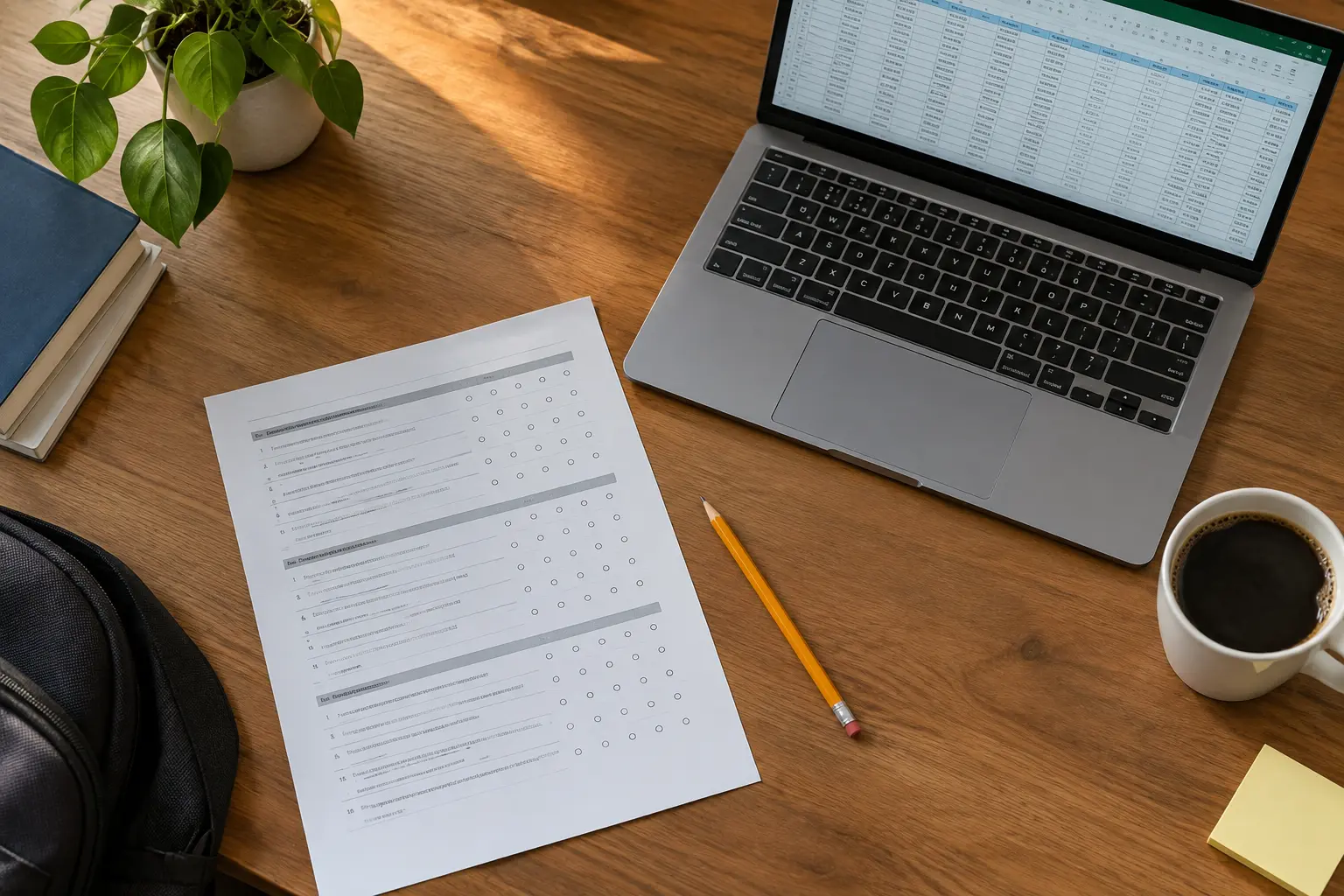 Meja mahasiswa dengan kuesioner cetak dan laptop berisi data survei