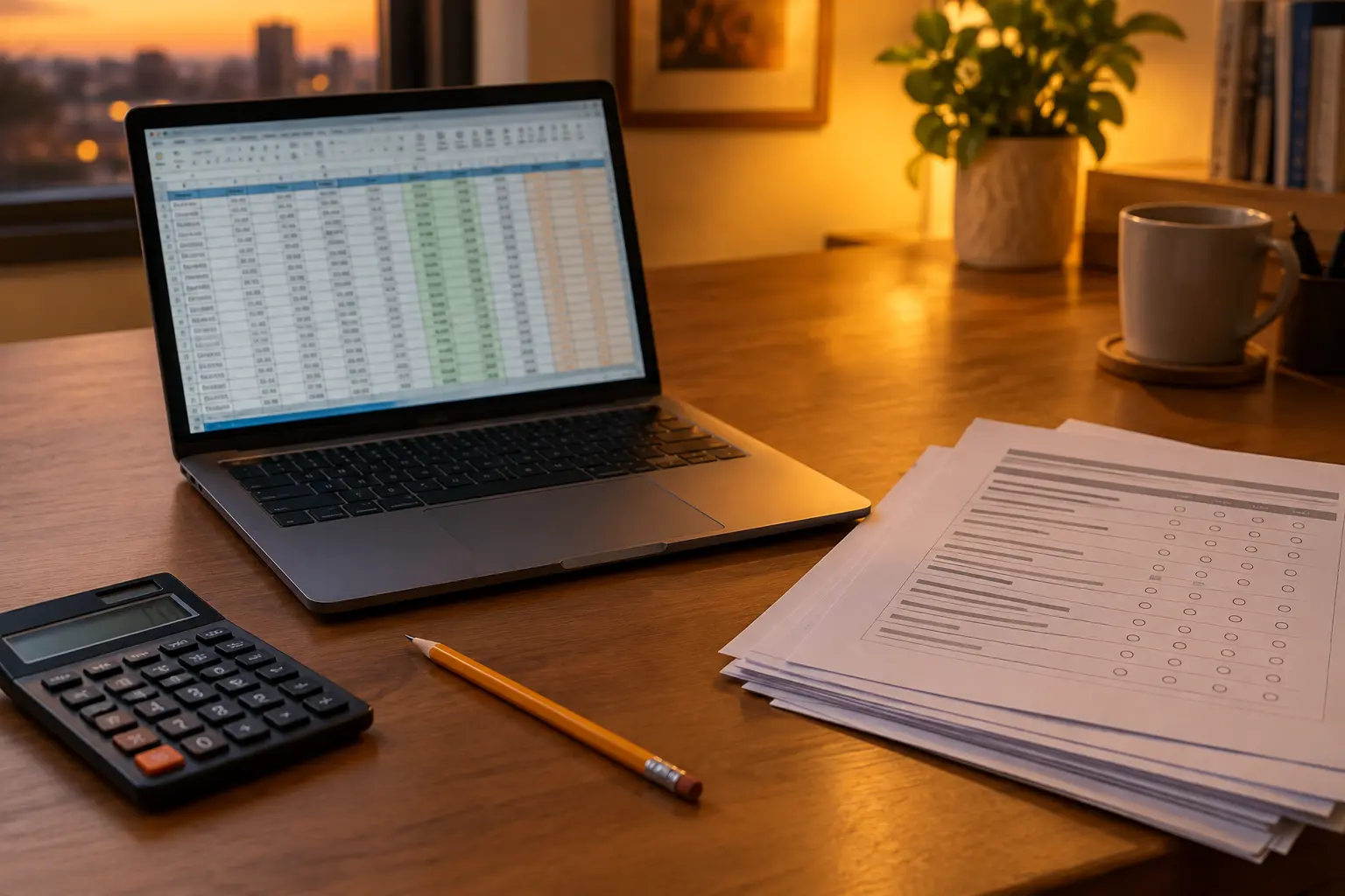Meja kerja dengan laptop berisi spreadsheet, kalkulator, dan tumpukan formulir kuesioner